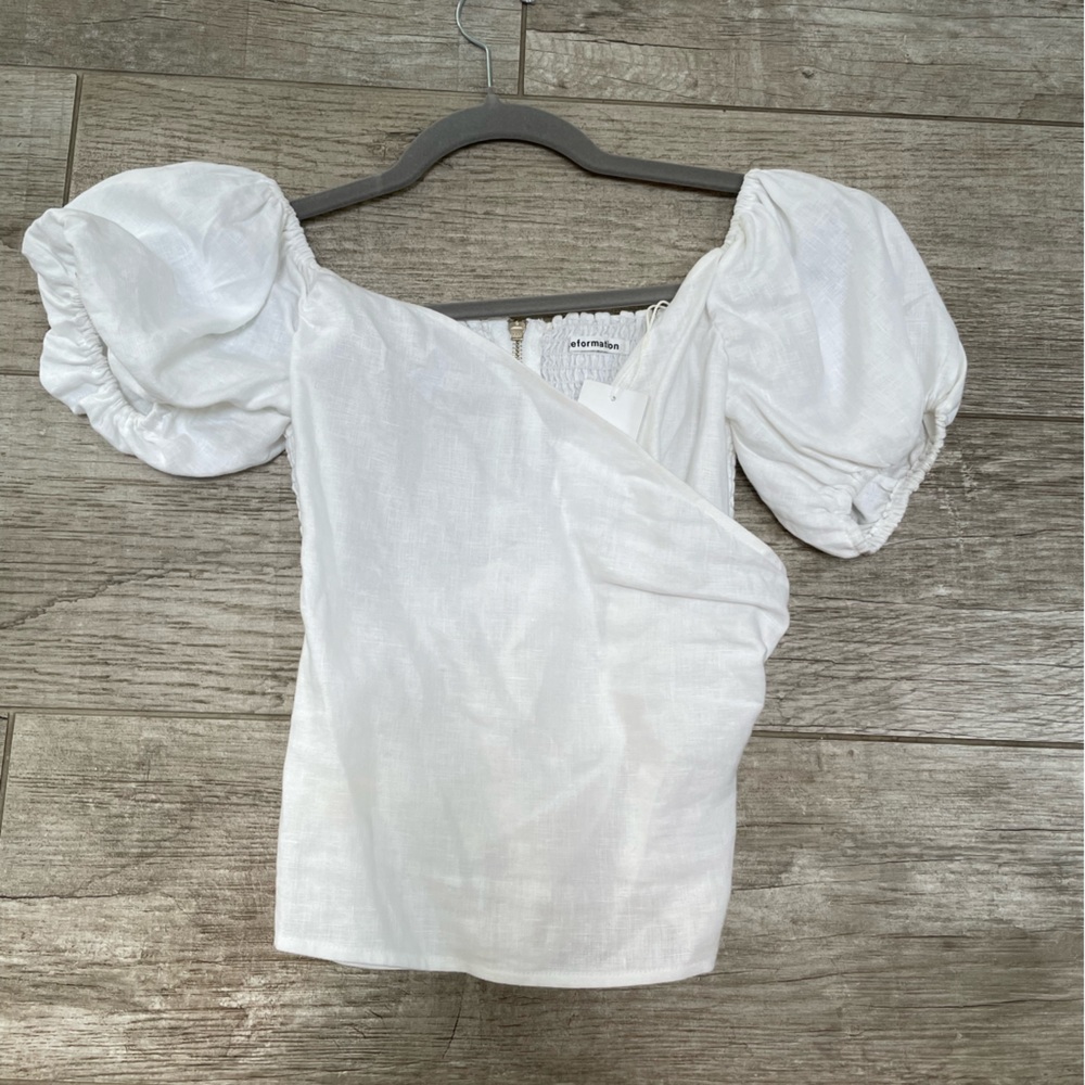 REFORMATION Framboise white wrap puff sleeve off the shoulder blouse